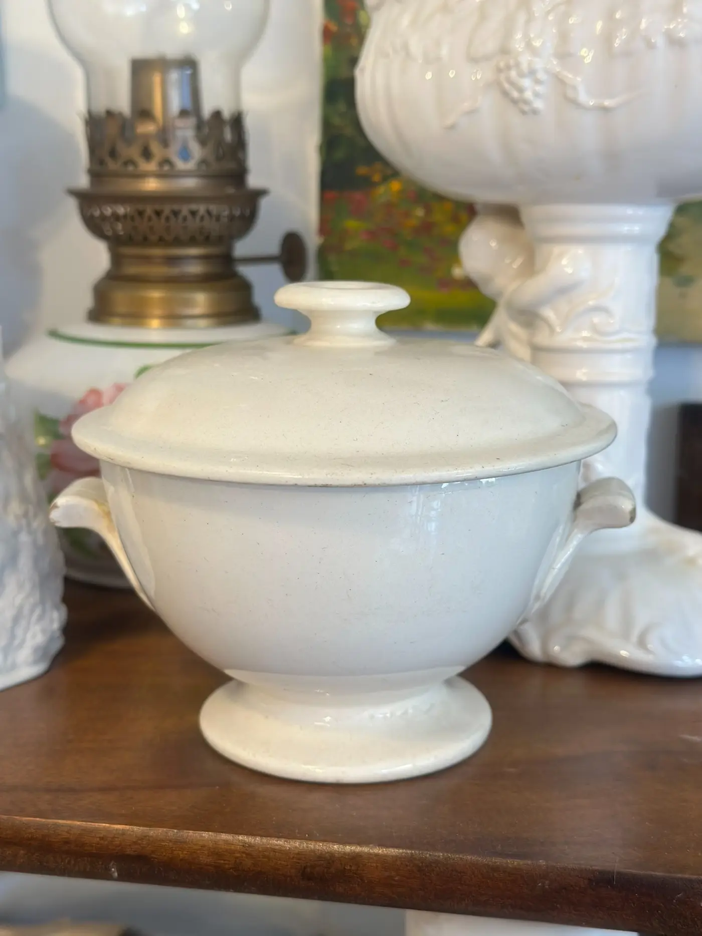 Vintage Creil et Montereau Small Covered Soup Bowl, White Ceramic