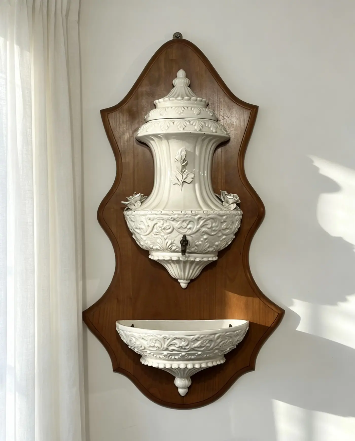 Vintage Italian White Ceramic Relief Wall Fountain