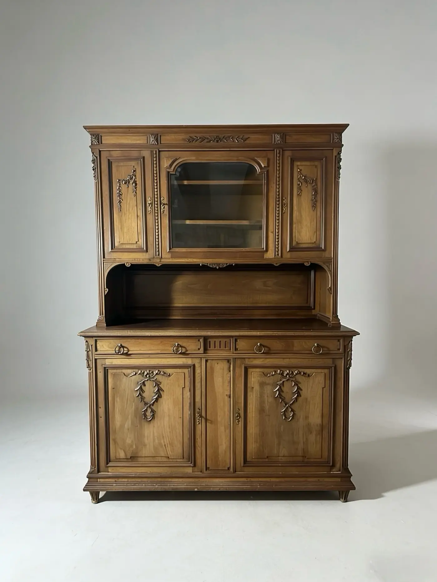 French Rococo-Style Two-Piece Antique Solid Wood Sideboard with Display Cabinet