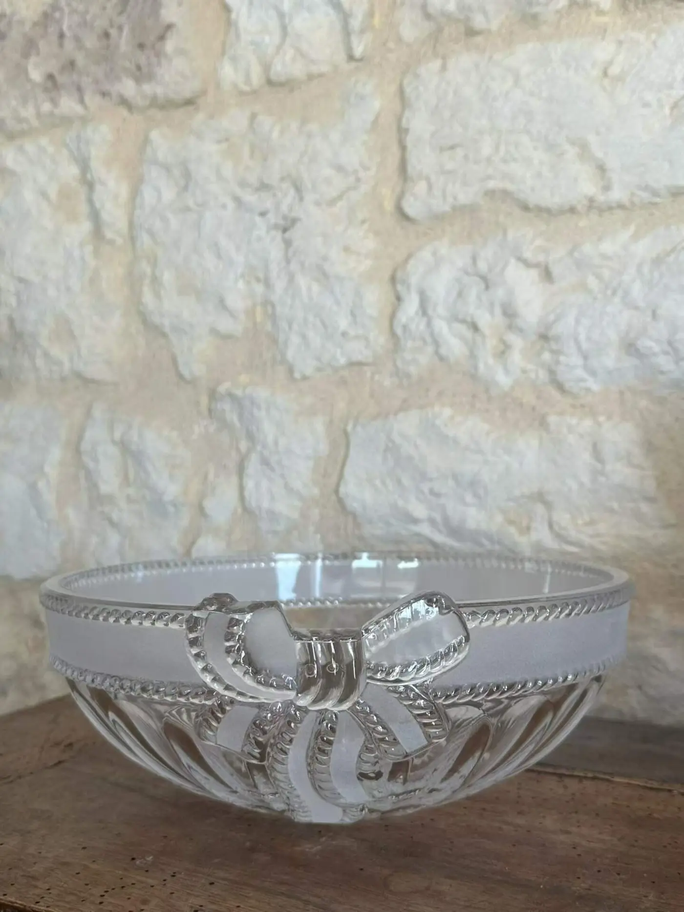 French Vintage Glass Salad Bowl with Bow Motif, 24.5 cm