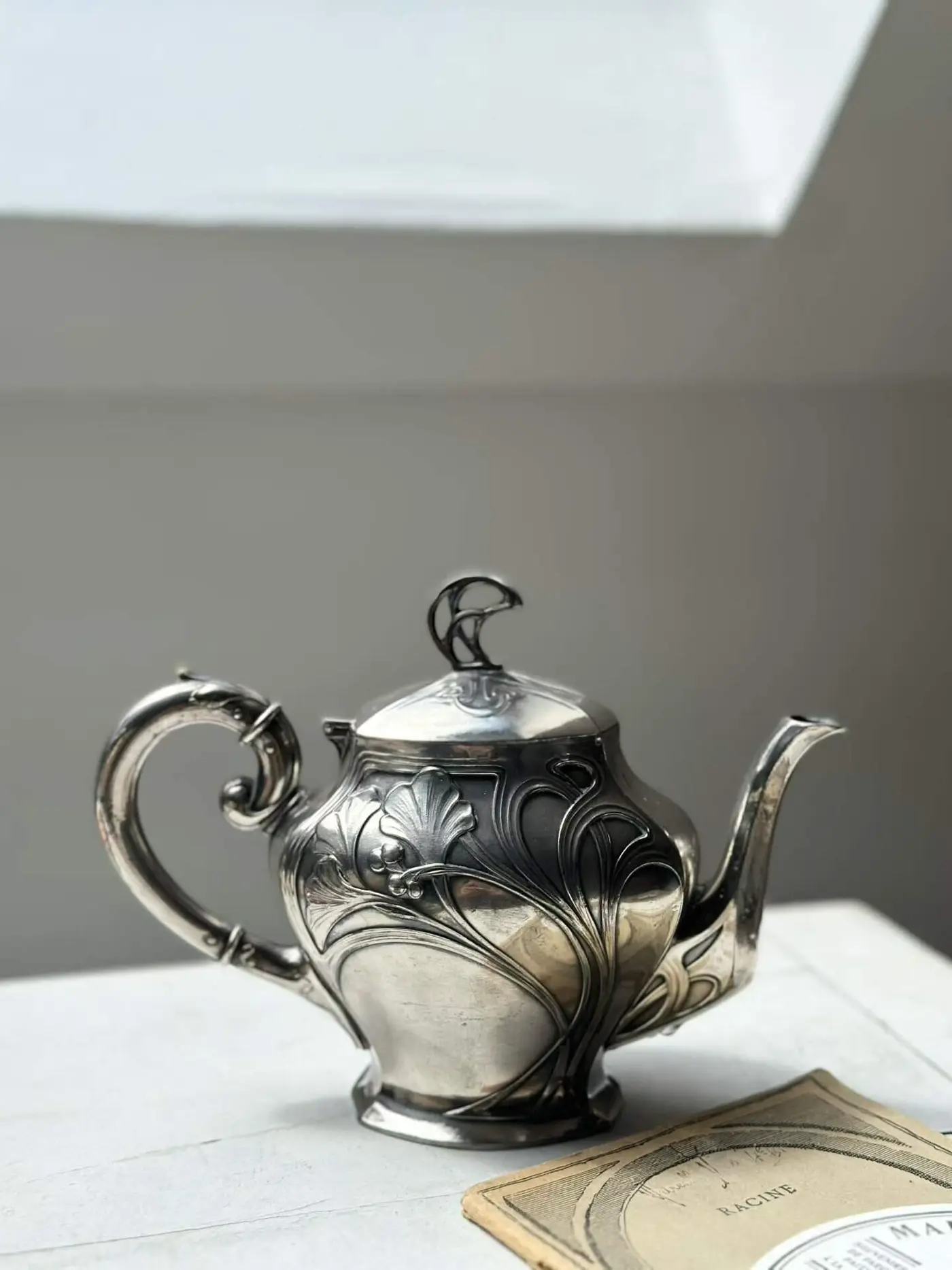 French Art Nouveau Silver-Plated Relief Teapot — Unique Antique