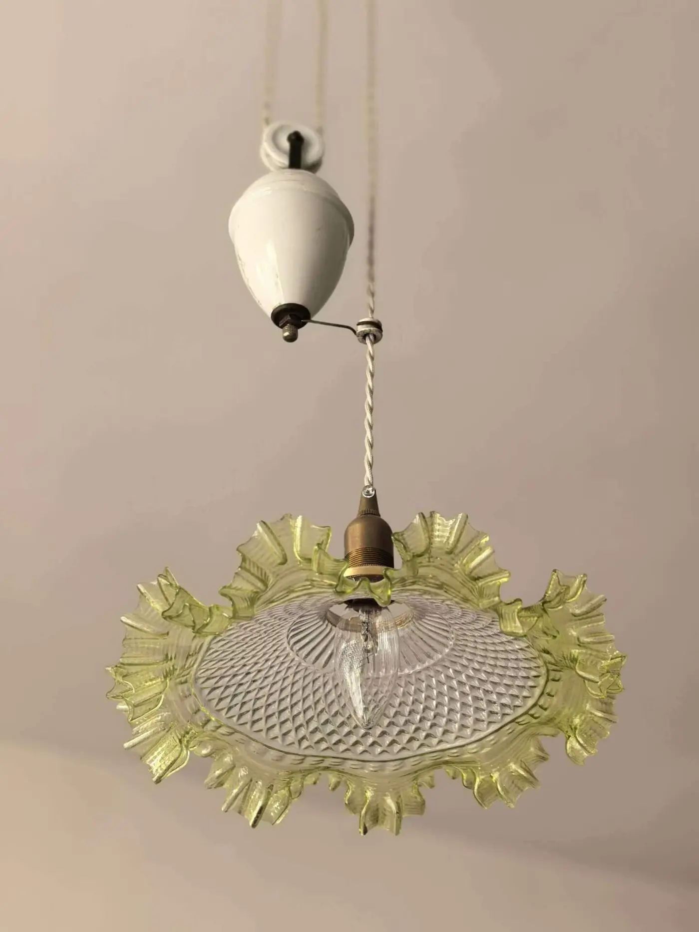 French Vintage Milk-Glass Adjustable Pendant Light
