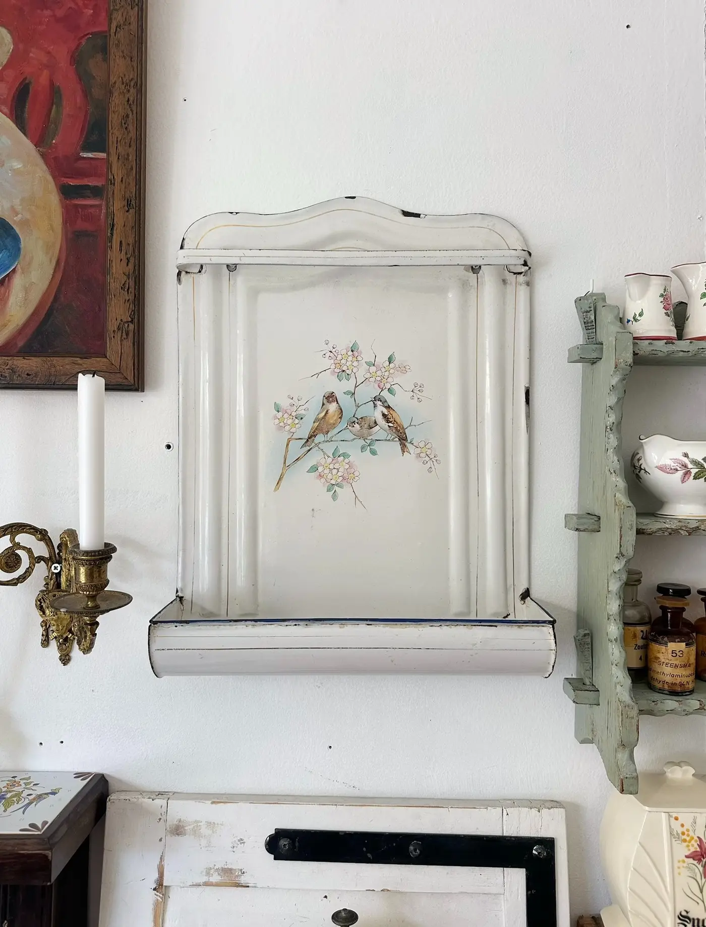 Vintage French Enamel Wall Shelf with Hand-Painted Cherry Blossom and Bird Motif