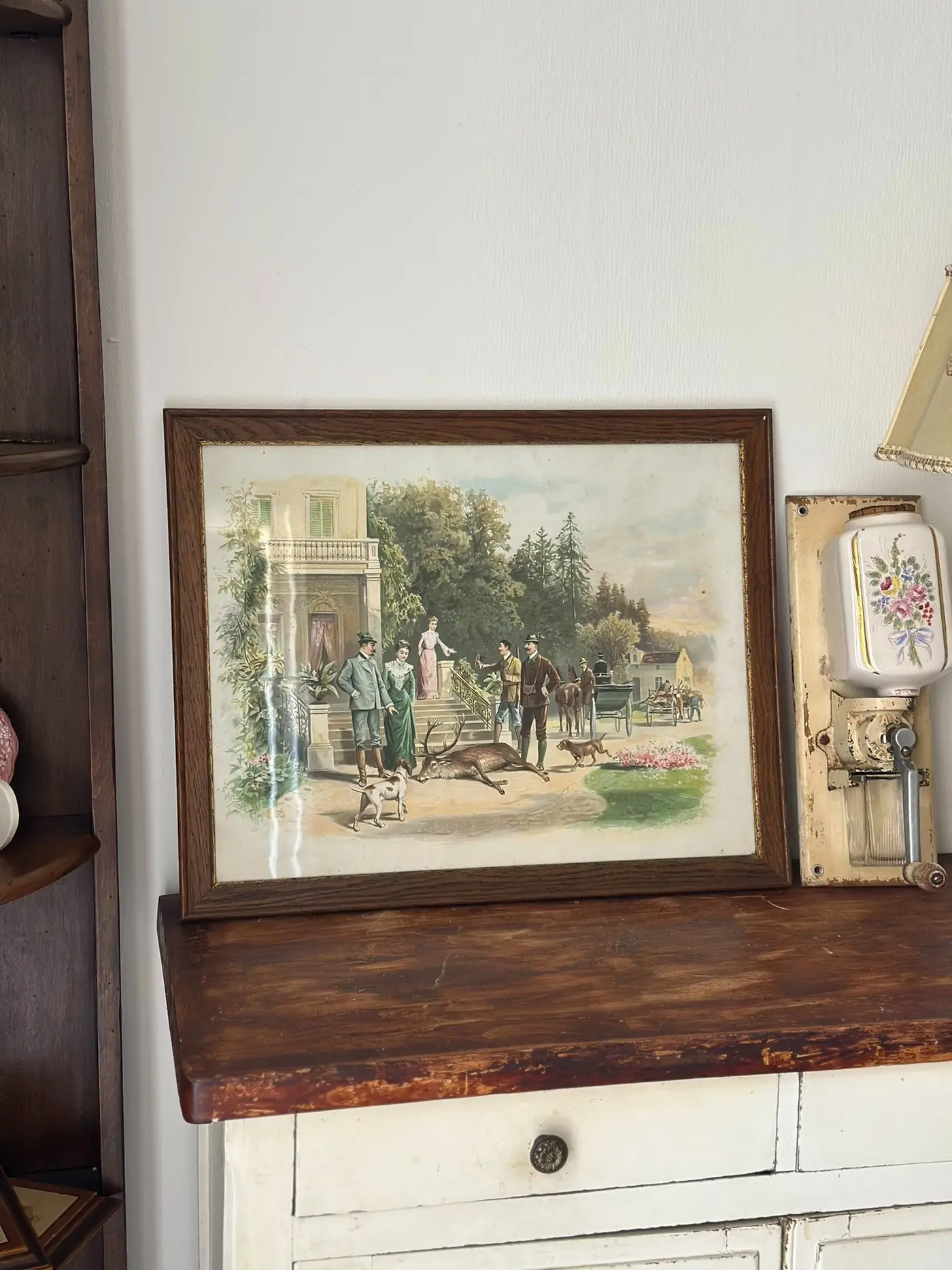 French Vintage Color Print Hunting Scene in Original Wood Frame with Old Back Label