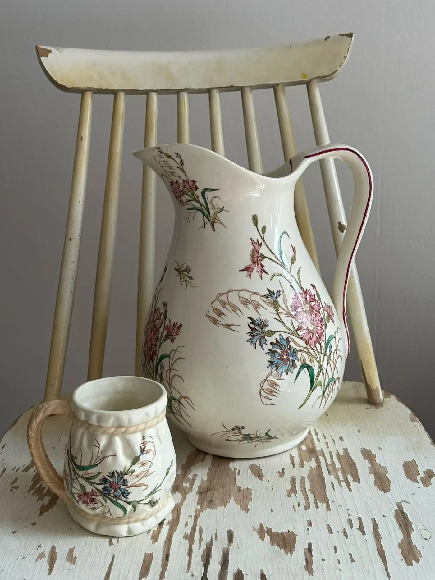 French vintage Lunéville Cornflower water jug
