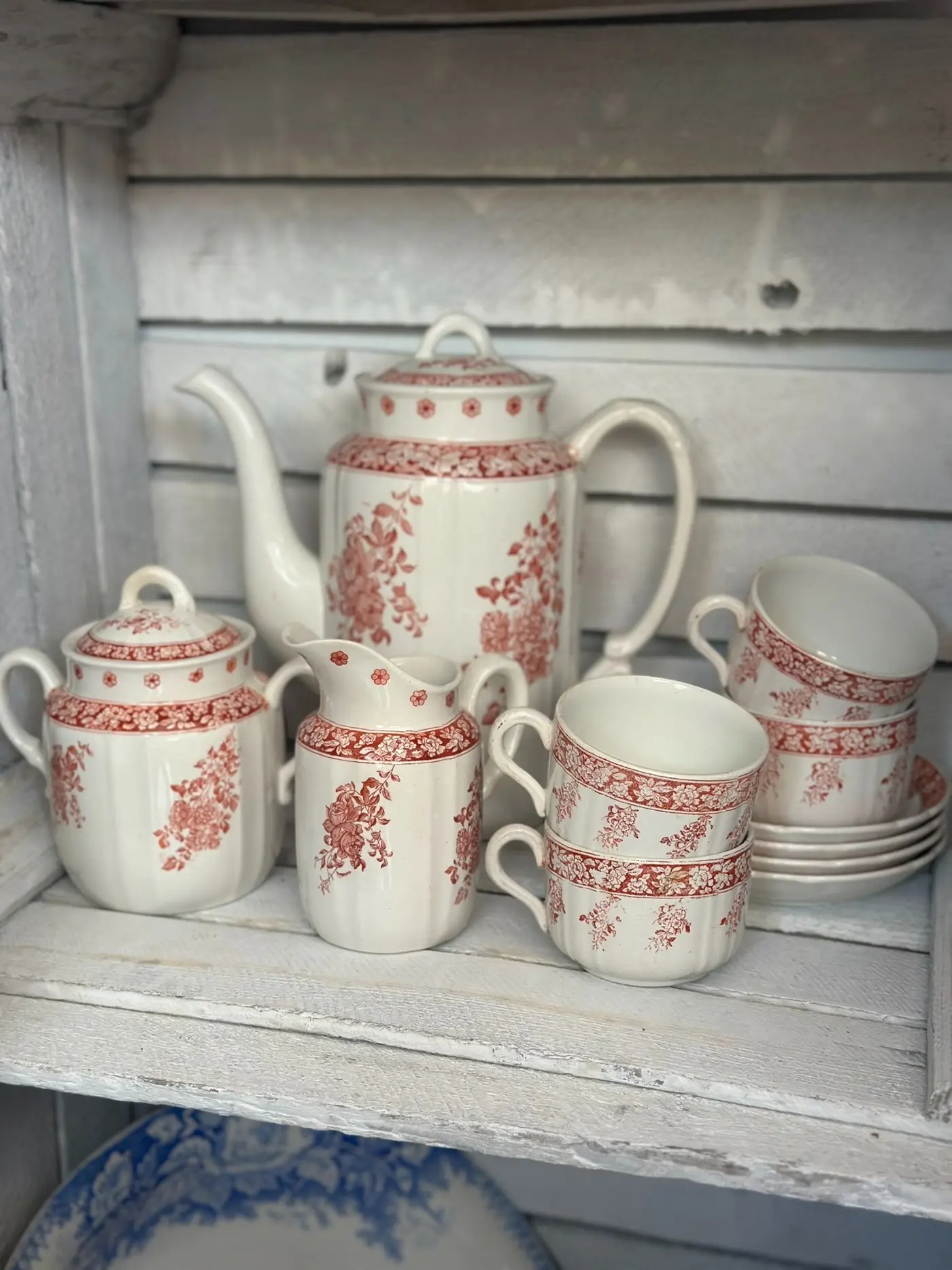 Petrus Regout Maastricht FLOWER Red Transferware Tea Set, Vintage European Country Style