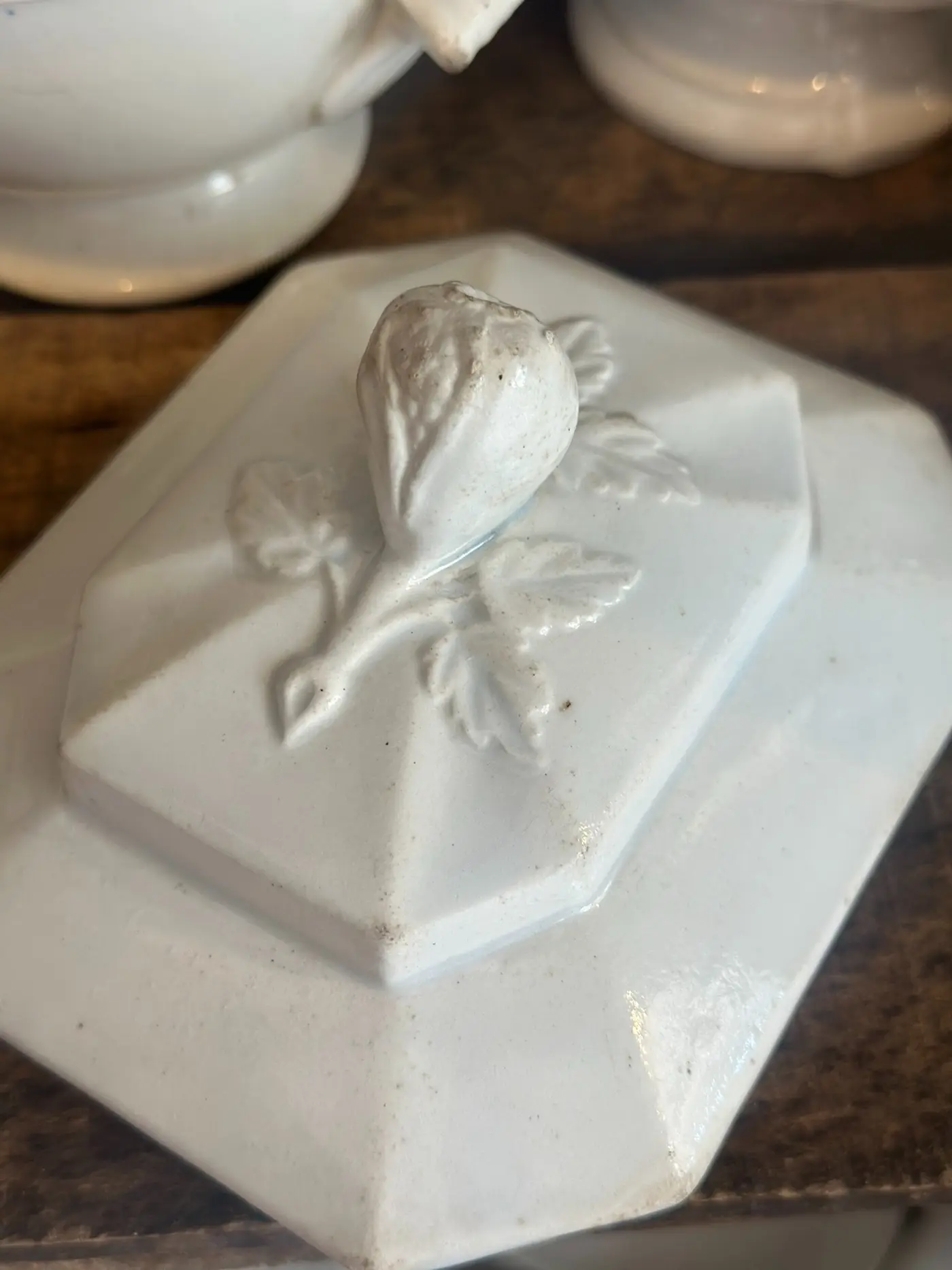 French Antique White Earthenware Lid with Fruit Relief (Lid Only)