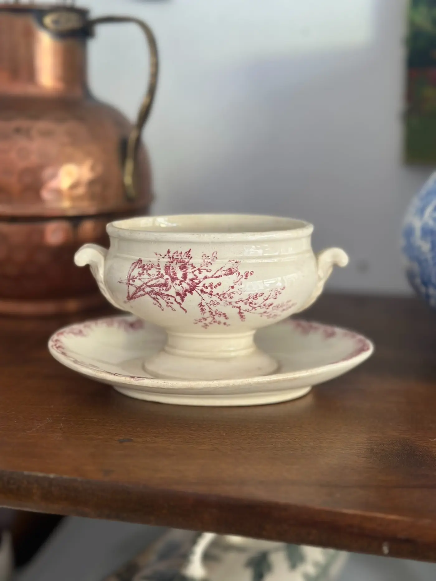 French Vintage Red Transferware Double-Handled Mustard Pot with Underplate (No Lid)