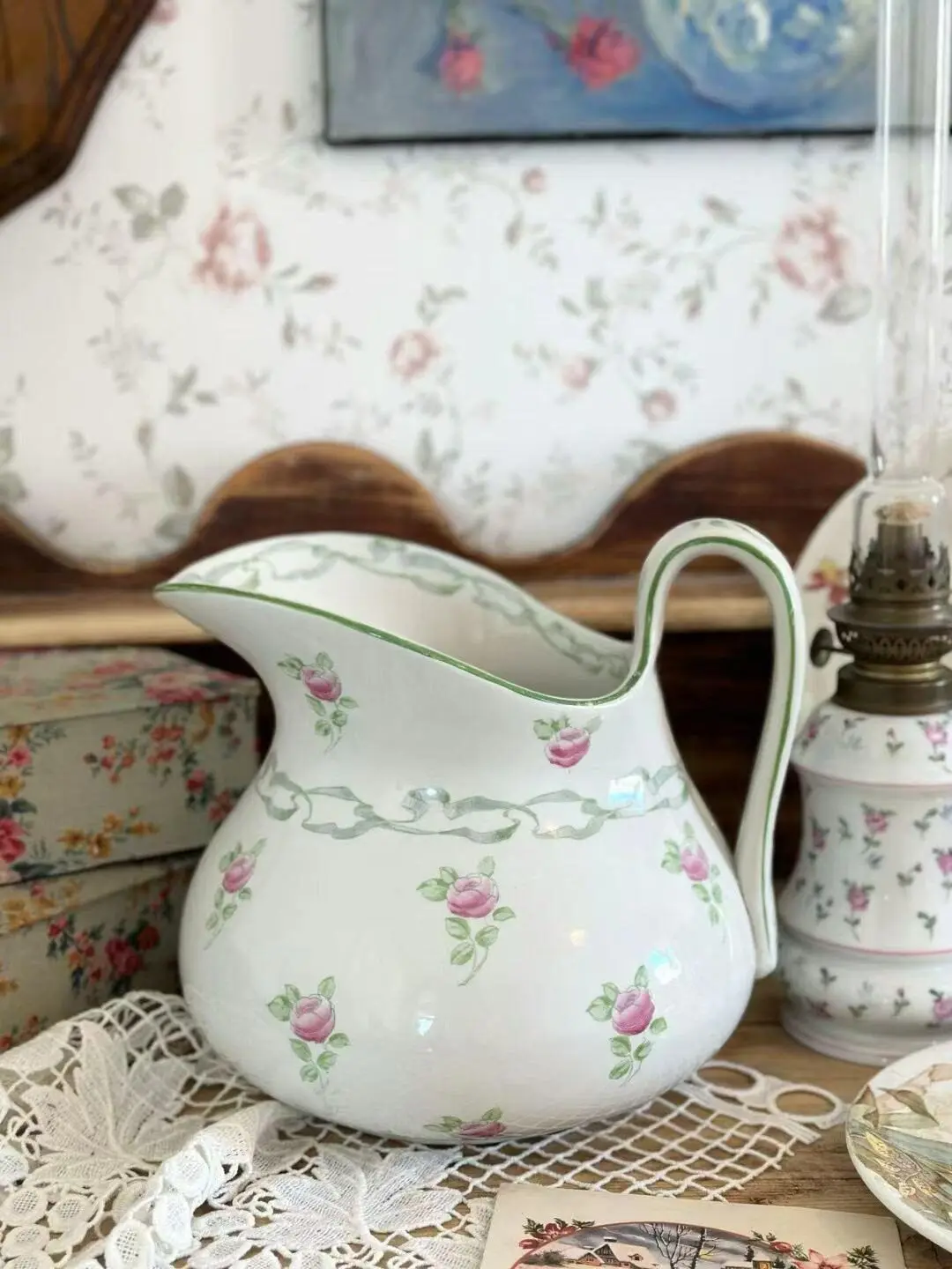 Large British Vintage Hand-Painted Rose Pitcher