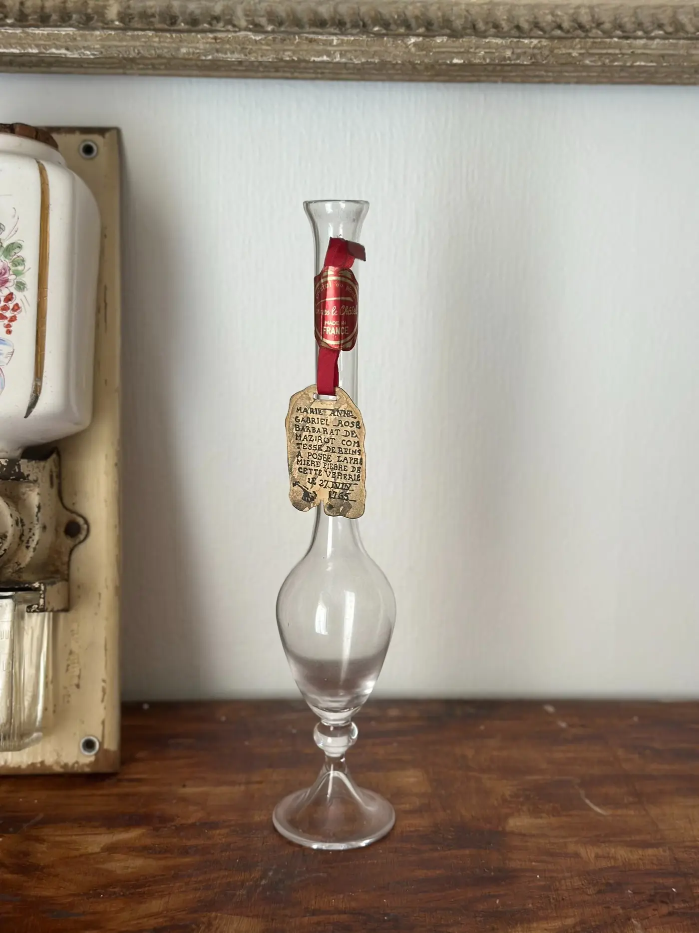 French Vintage Glass Commemorative Bottle — Tall Footed Narrow-Neck Vase with Original Tag