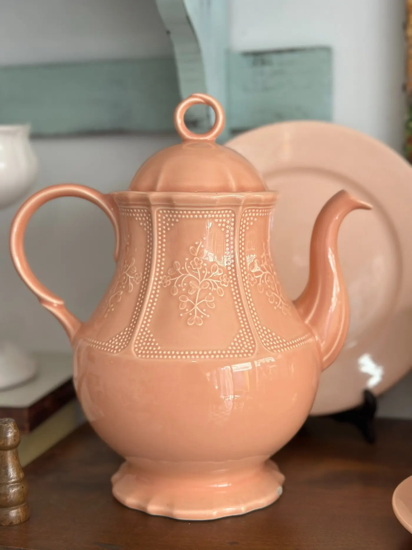 Vintage Luneville St Clément Pink Embossed Ceramic Teapot, French-made