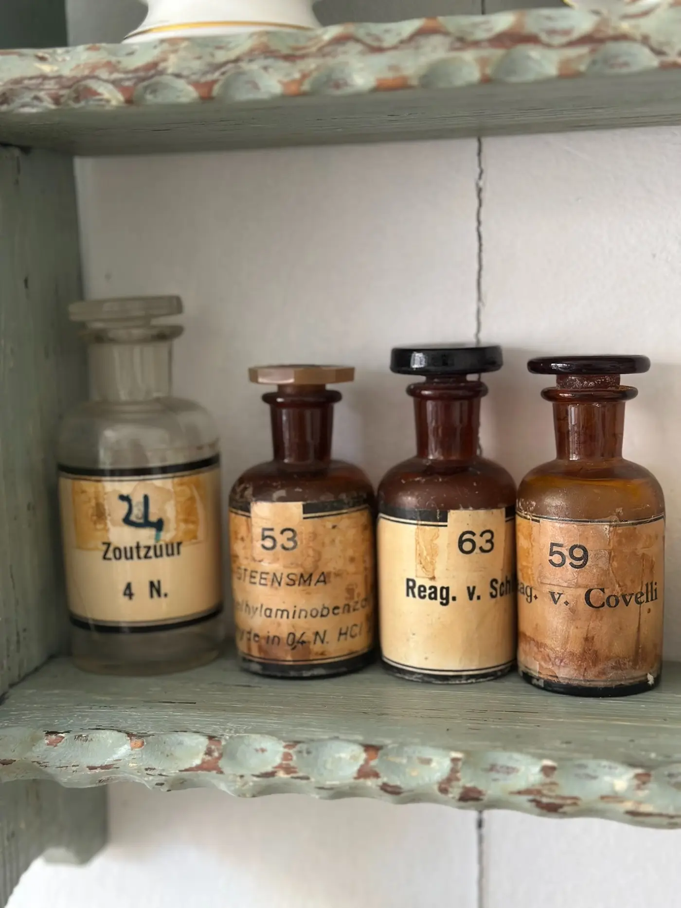 Set of 4 French Vintage Amber and Clear Glass Laboratory Apothecary Bottles