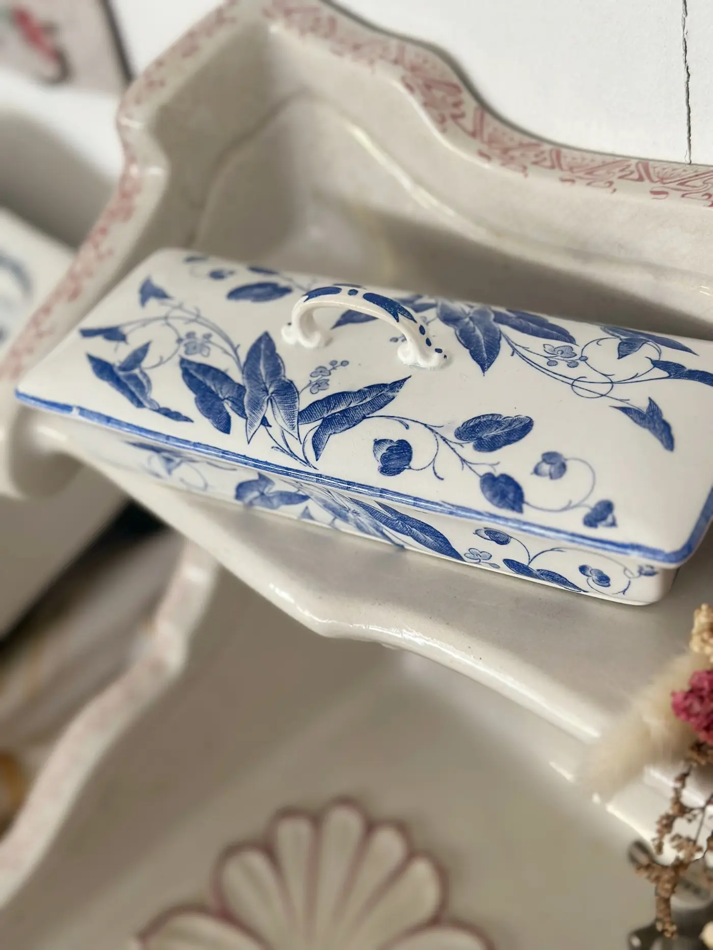 Vintage KG Lunéville (Keller & Guérin) Ceramic Covered Soap Box — Blue-and-White Botanical