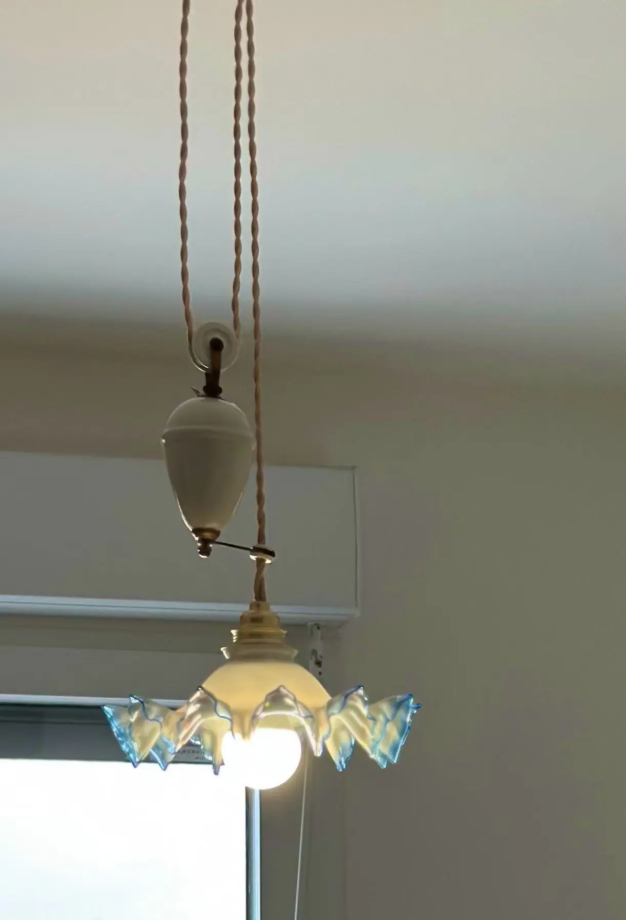 French Vintage Milk Glass Adjustable-Height Pendant Lamp