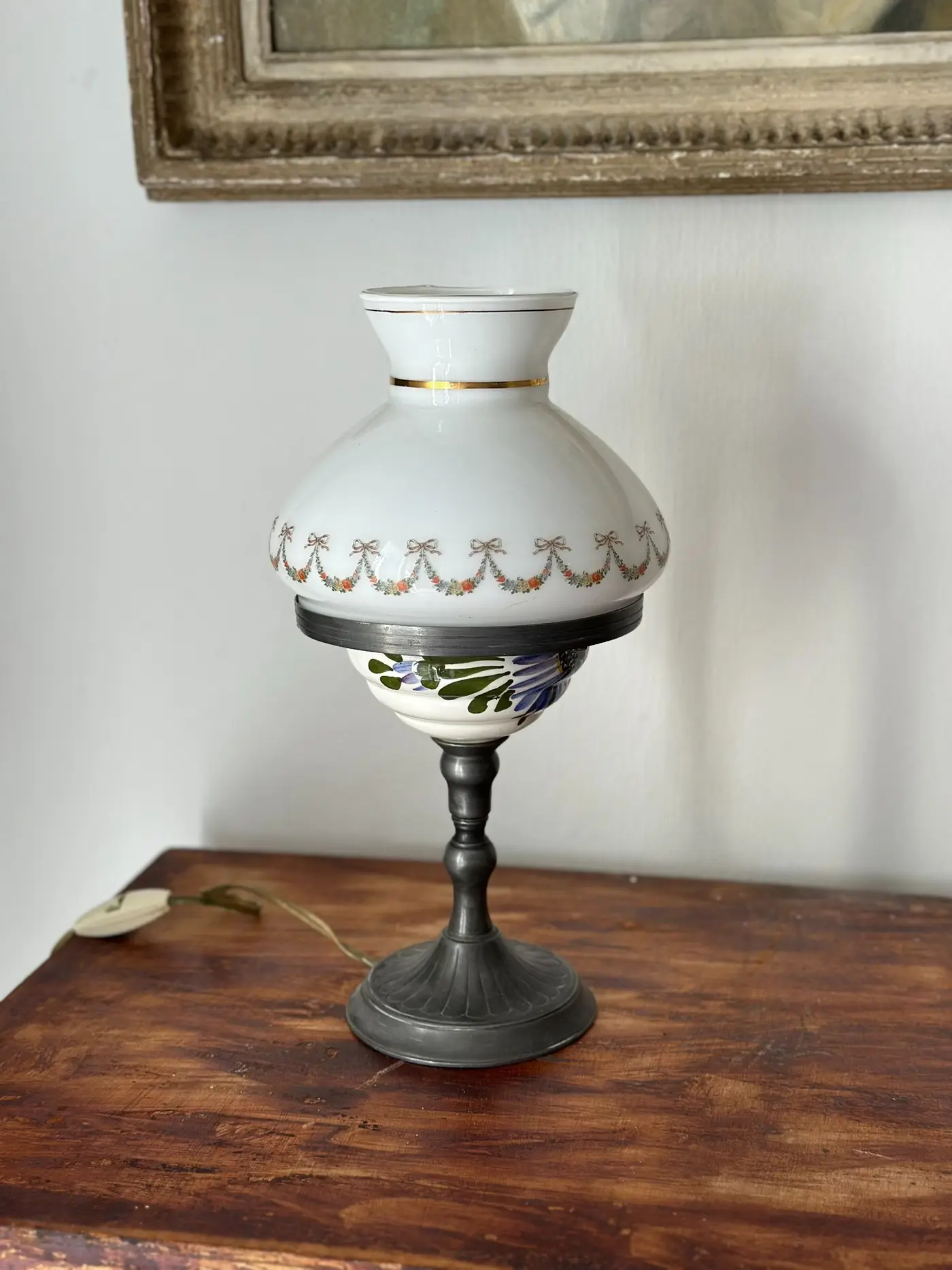 French Vintage Hand-Painted Glass Table Lamp with Tin Base