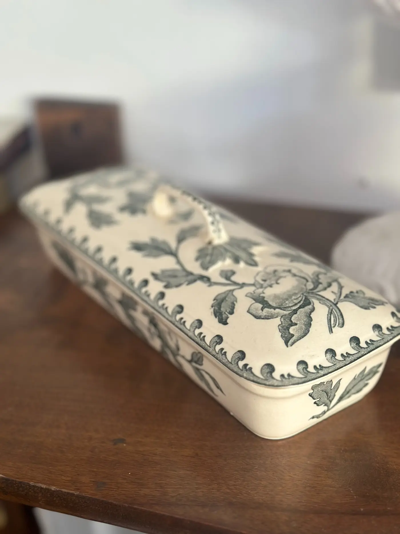 Vintage Sarreguemines Glazed Ceramic Soap Box with Grey-Green Floral Print