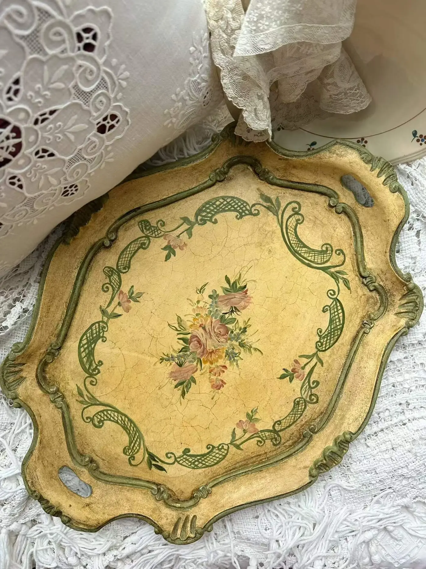 Italian Vintage Hand-Painted Wooden Tray, 51.5 x 39 cm