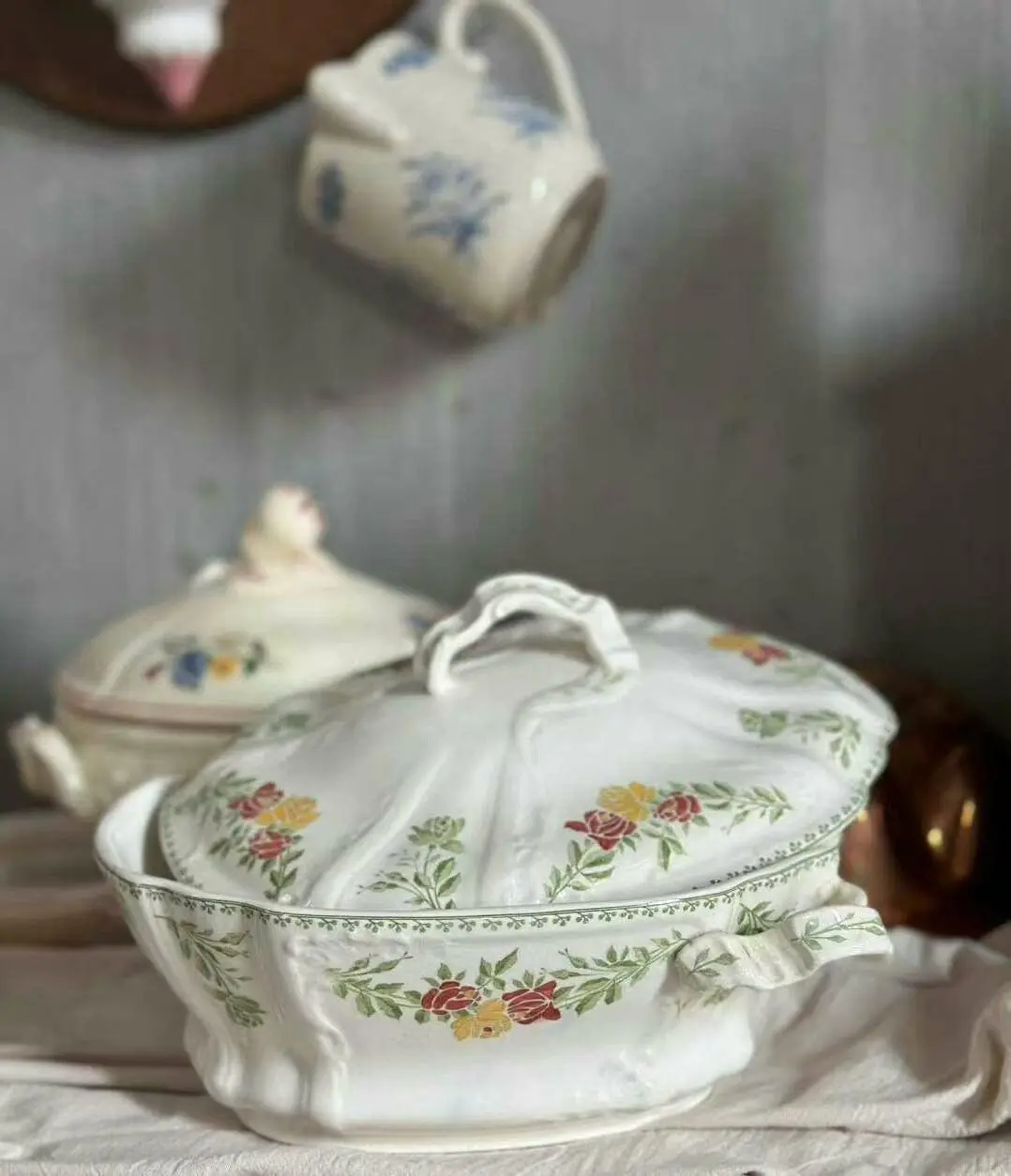 French vintage Sarreguemines embossed hand-painted rose soup tureen — rare model (sold as-is)