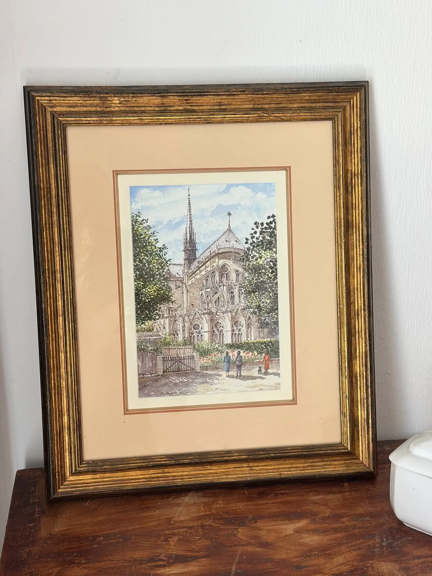 Vintage French Original Watercolor of Notre-Dame, Framed, 36×43 cm