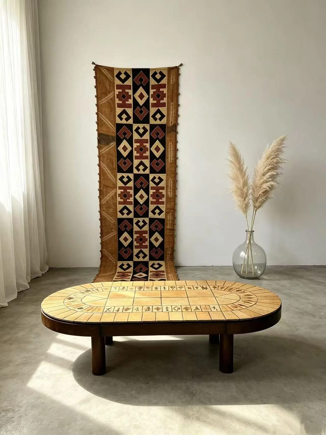 Wabi-Sabi Vintage: African Kuba Cloth with Rustic Tile-Top Table