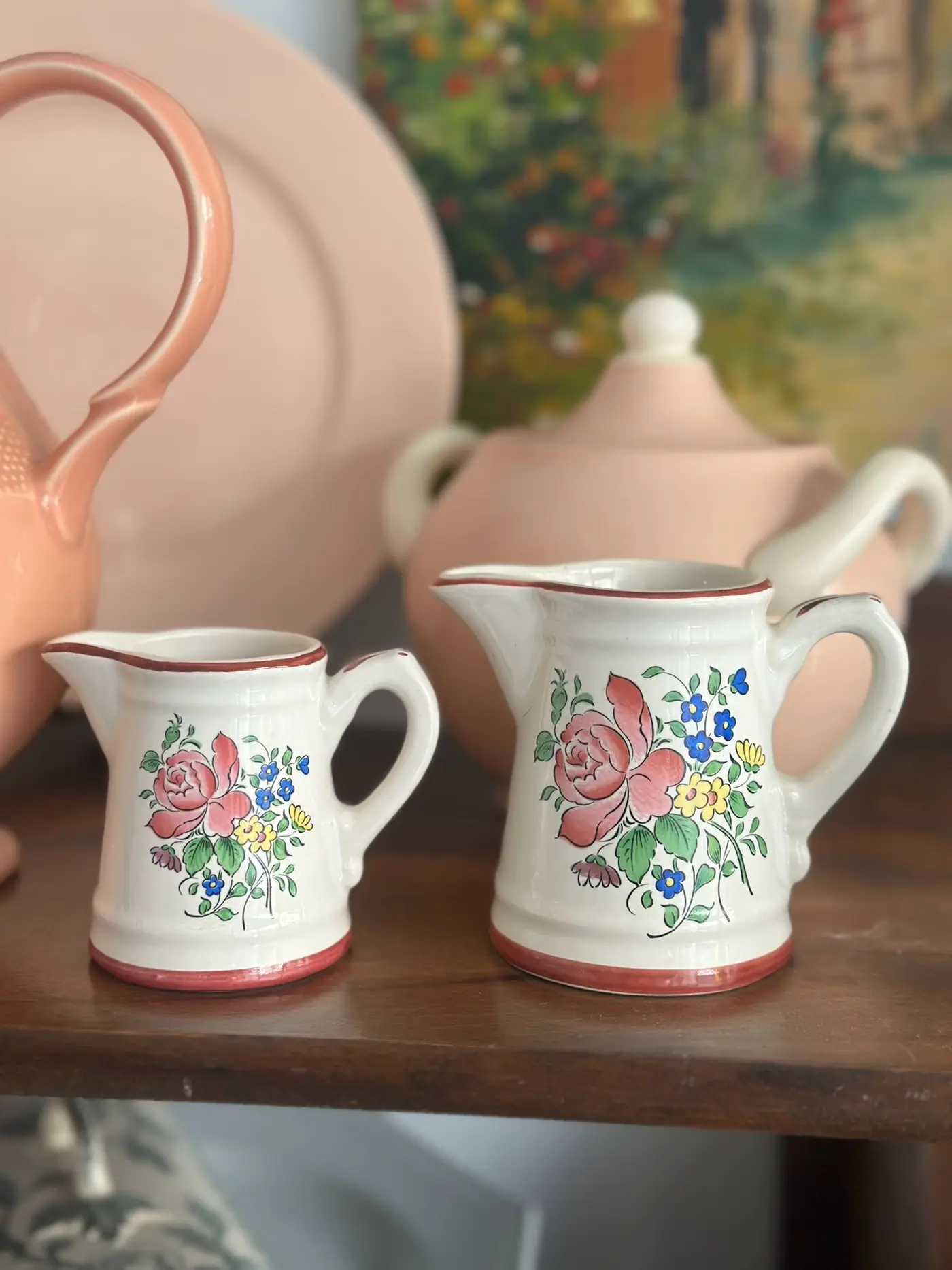 French Vintage Floral Milk Jug Set — Large with Complimentary Small Jug