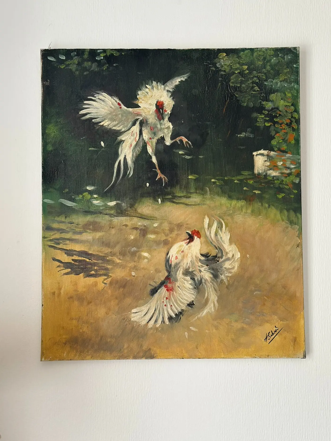 French Vintage Oil Painting 'Cockfight'