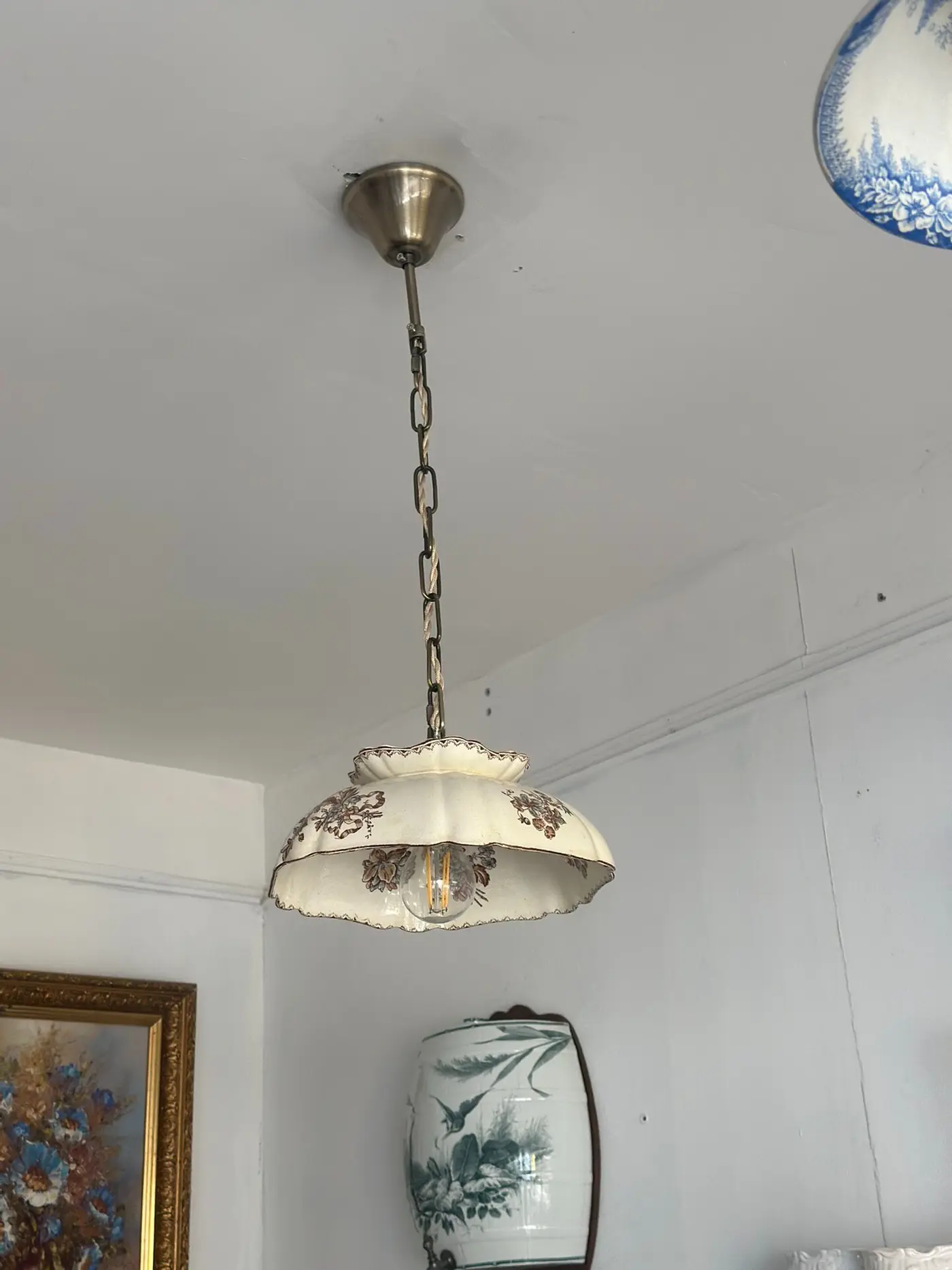 French Antique Floral Salad-Bowl Pendant Lamp
