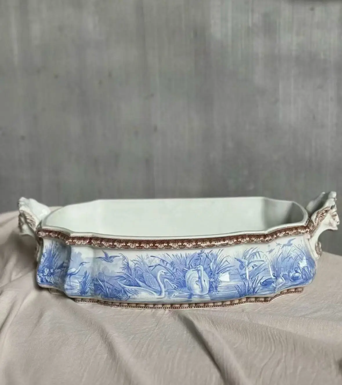 French J. Vieillard 19th-Century Basin Planter with Swans and Wild Ducks