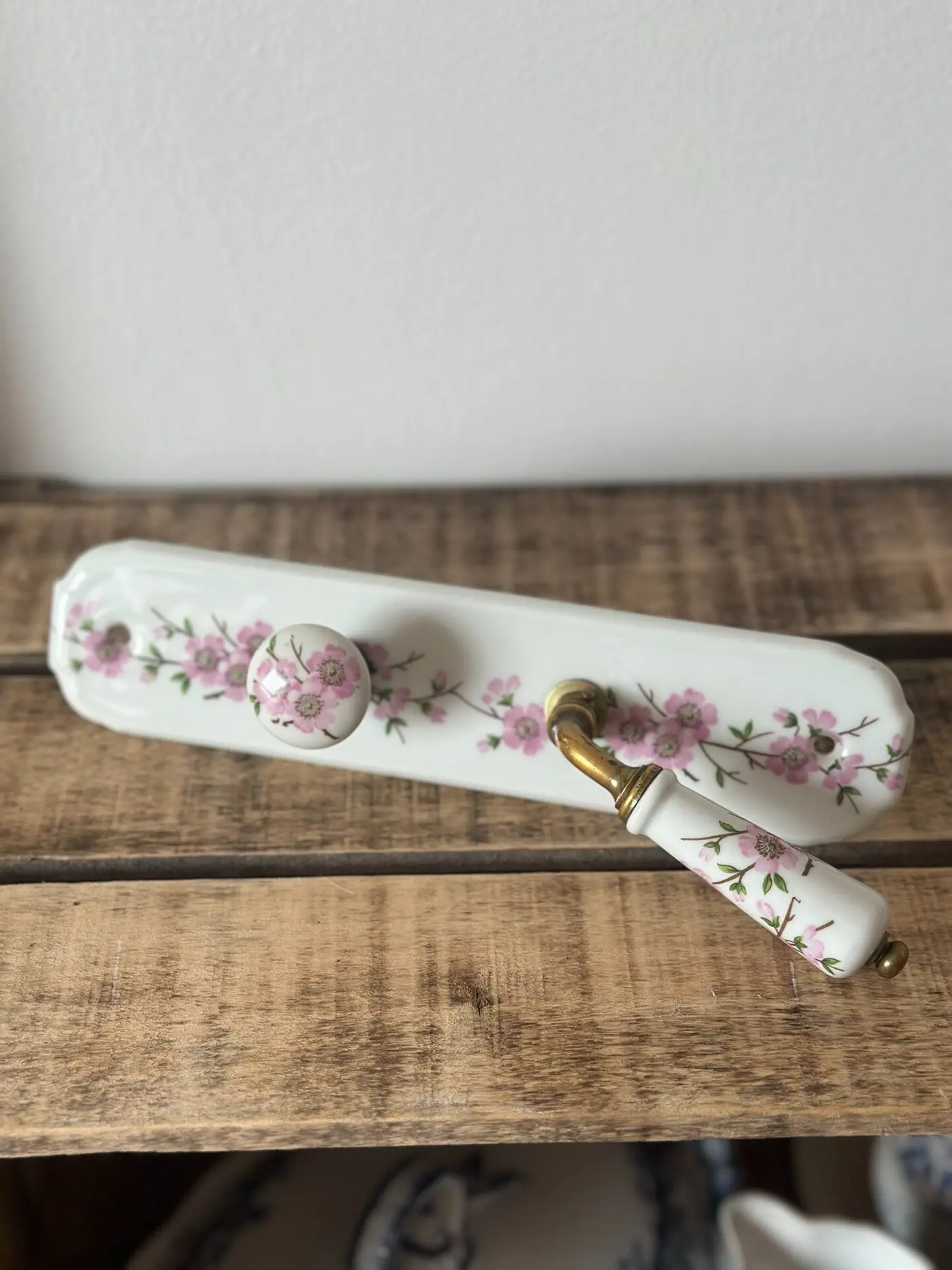 French Vintage Ceramic Door Handle with Pink Floral on White Ground and Brass Fittings