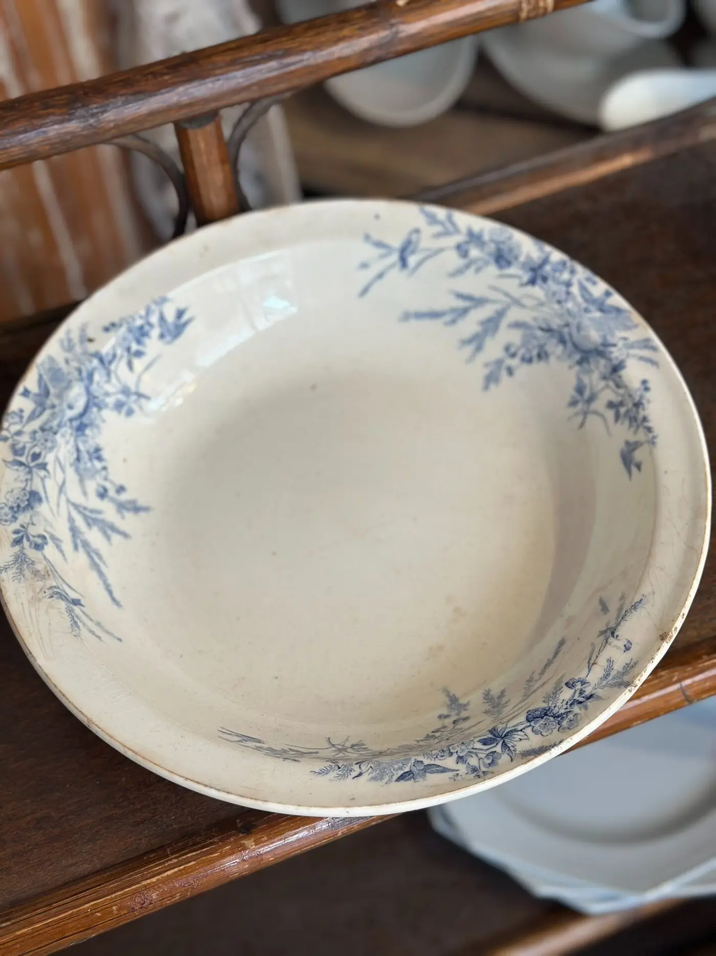 Creil et Montereau Suzaku Series Large Blue Floral-and-Bird Salad Bowl, France