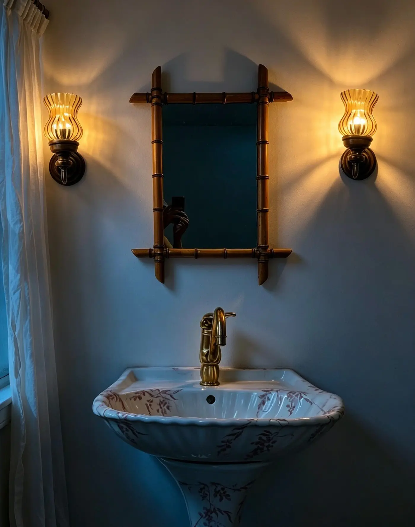Pair of Vintage Wall Lamps with Amber Ripple Glass Shades, Wood and Metal
