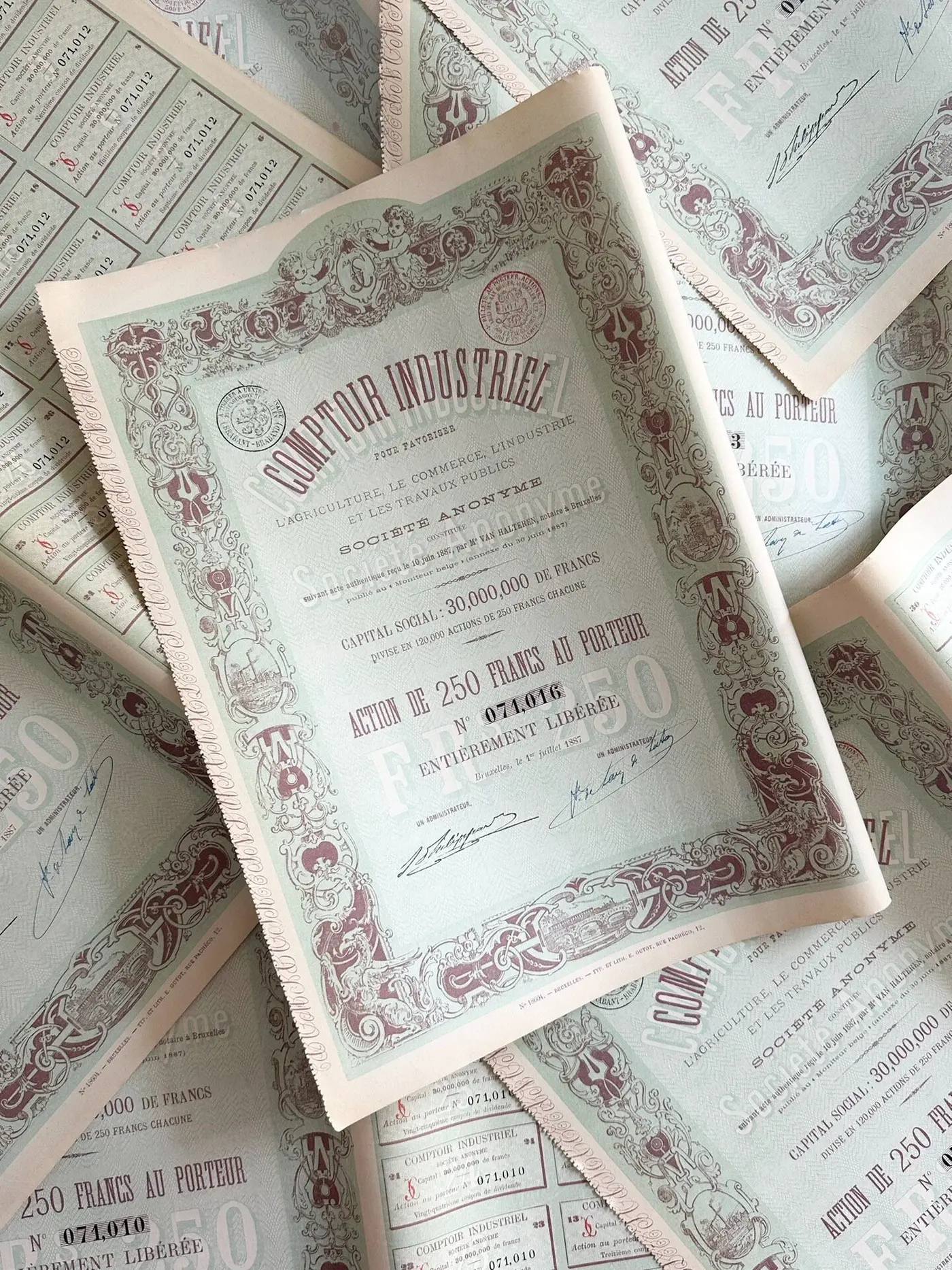 1887 Belgium Comptoir Industriel Bearer Share Certificate with Coupons