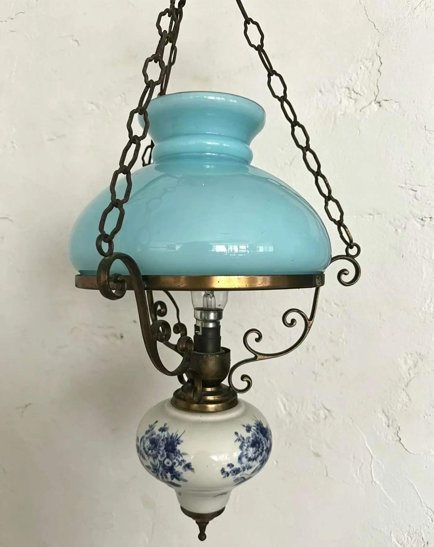 French Vintage Milk Glass Pendant Light, Total Length 63 cm