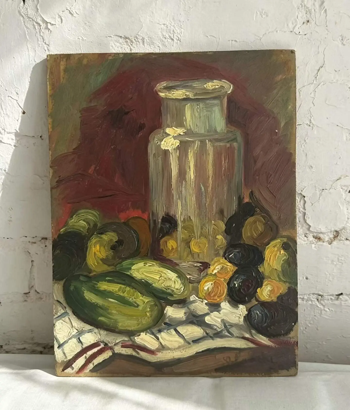 French Vintage Signed Oil Painting on Fiberboard