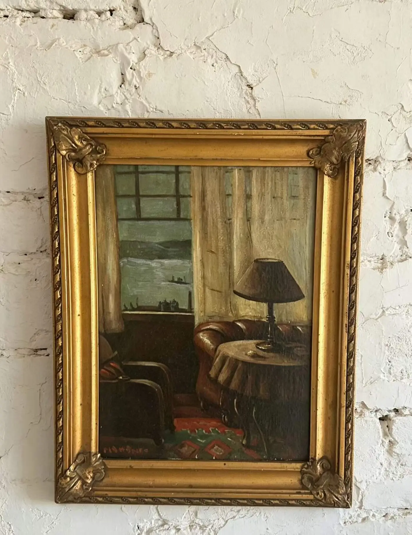 Vintage Portuguese Oil Painting — Window View of the Douro River, Porto