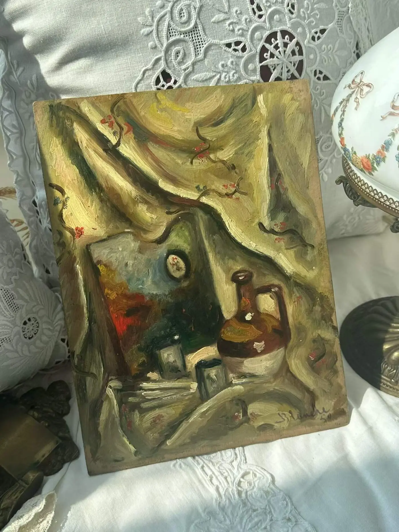 French 1950s Signed Vintage Oil Painting on Fiberboard