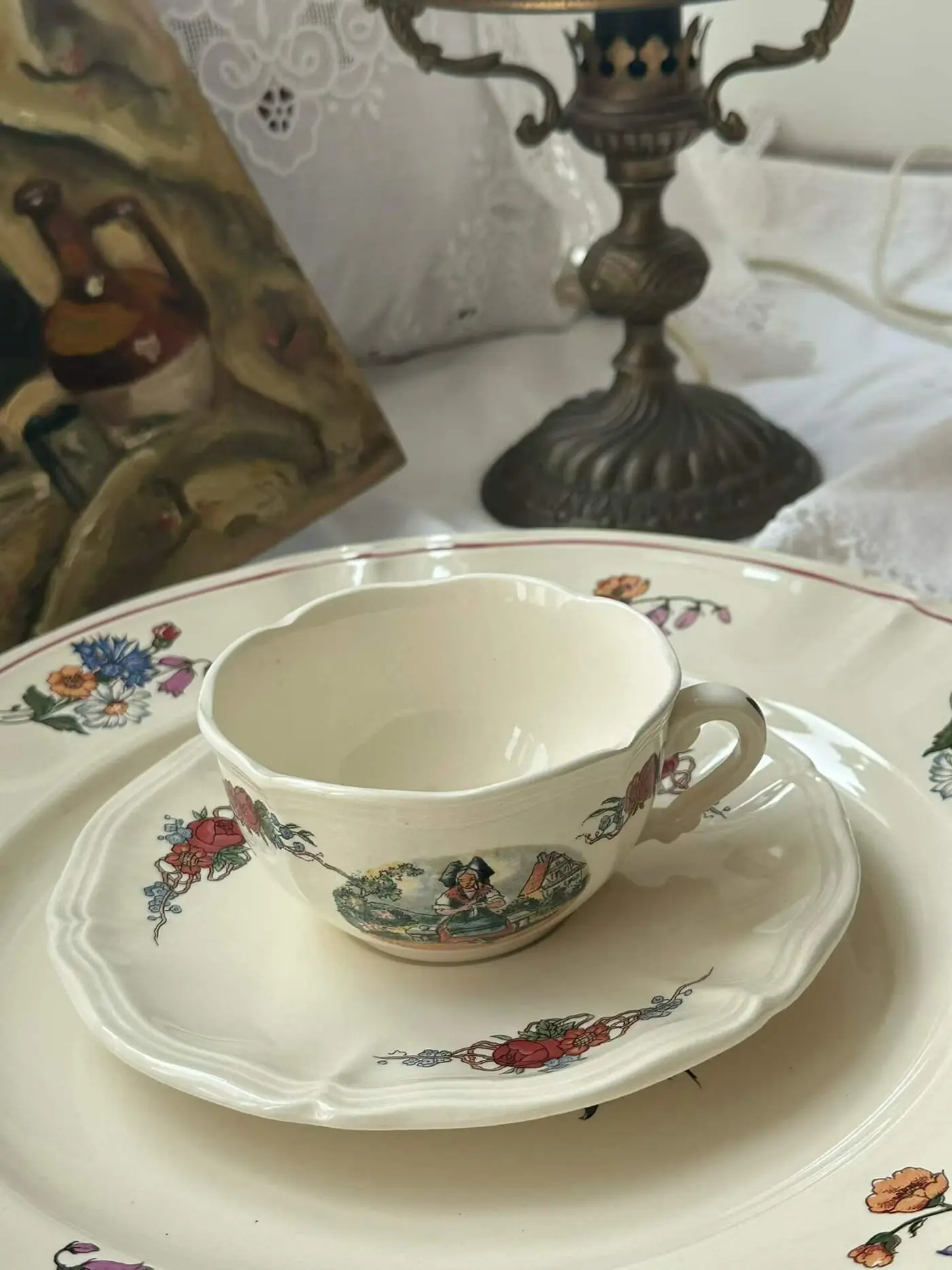 French Sarreguemines Teacup with Girl Motif