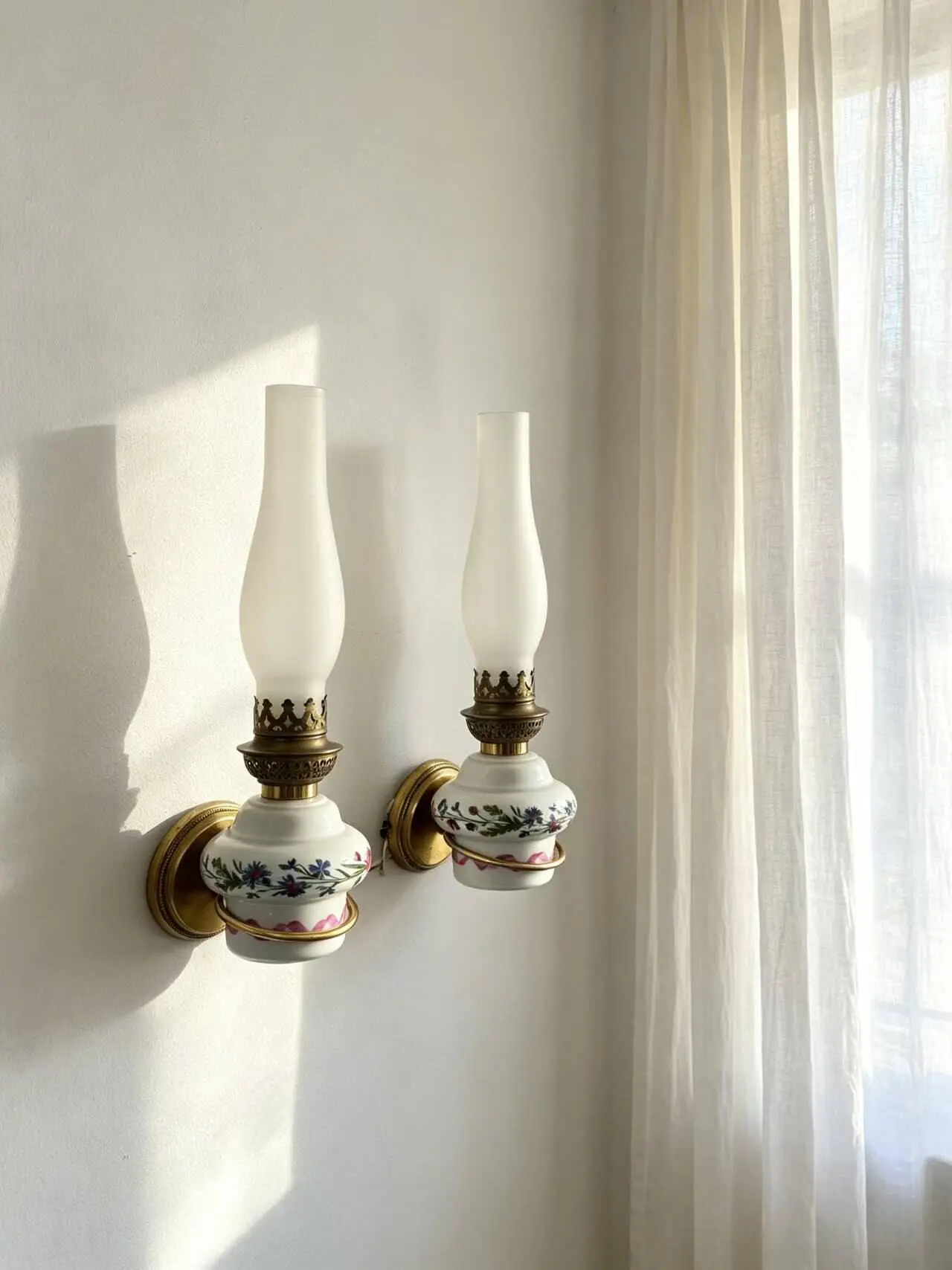 Pair of French Vintage Ceramic Wall Sconces with Hand-Painted Floral Decoration