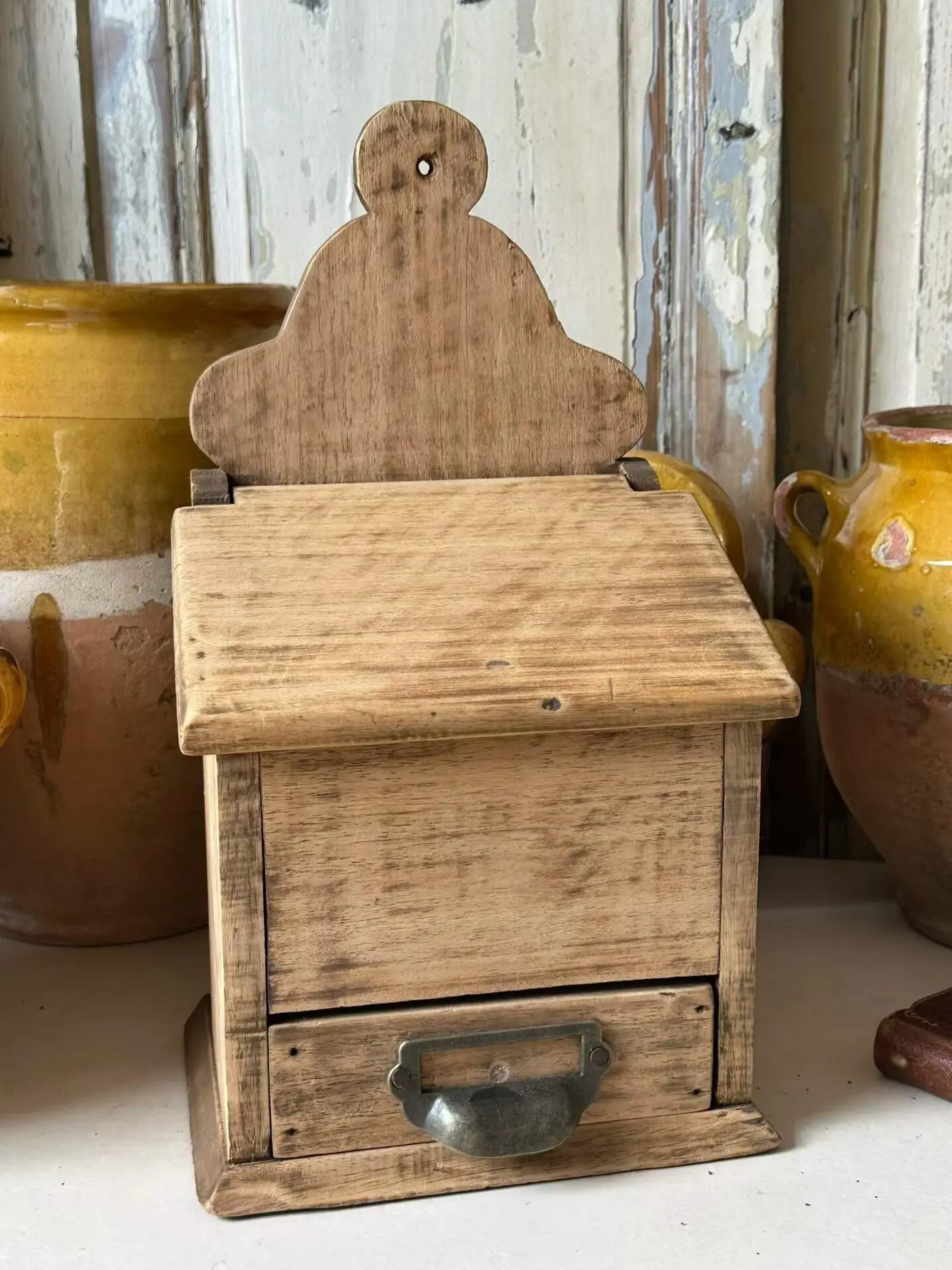 French Vintage Solid Wood Wall-Mounted Salt Box