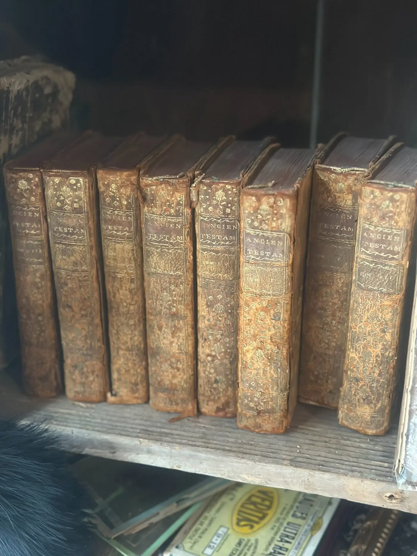 Set of 8 Antique French Books, Full Leather with Gilt, 1751