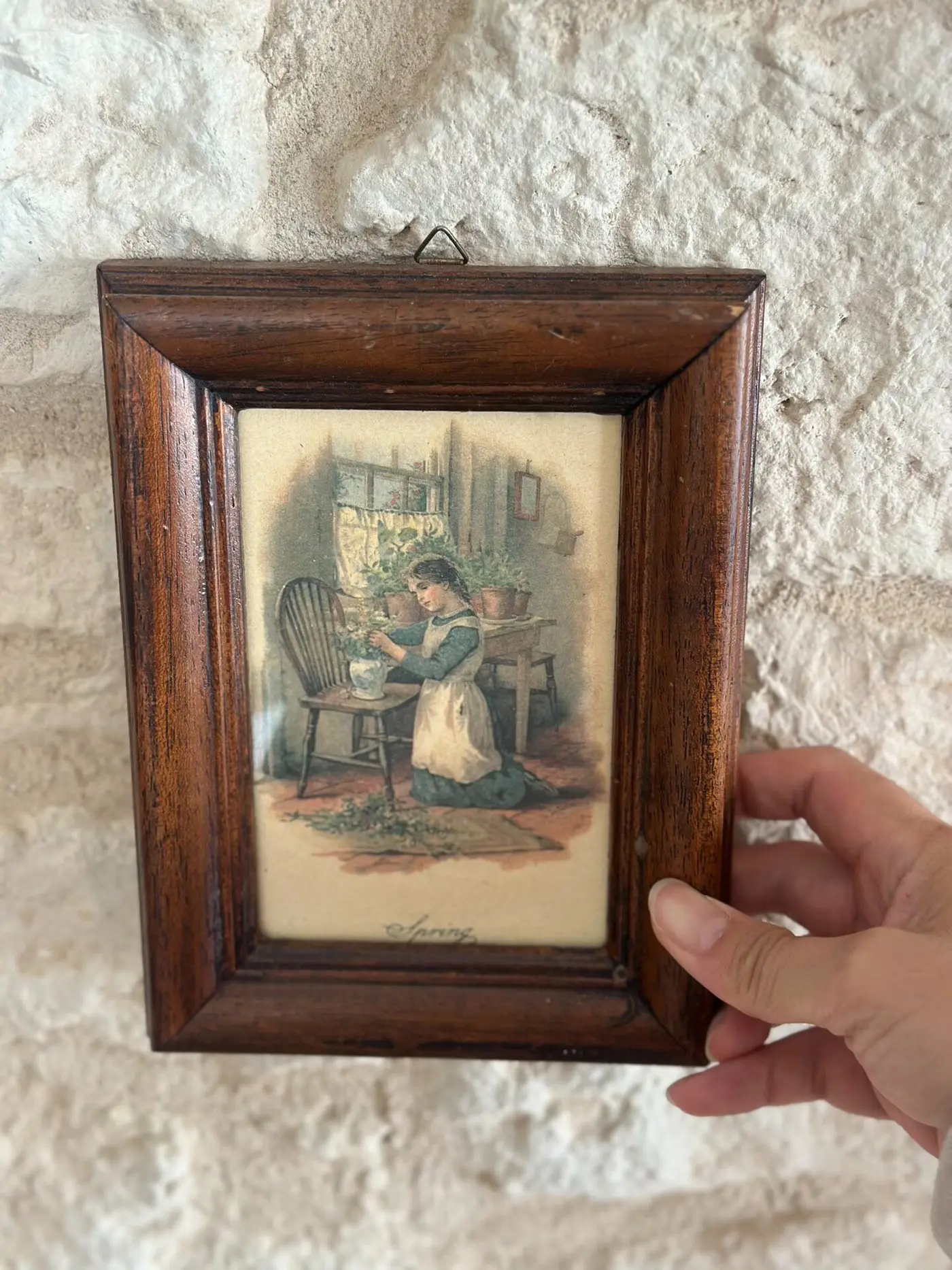 French Vintage 'Spring' Girl Decorative Print in Original Wood Frame