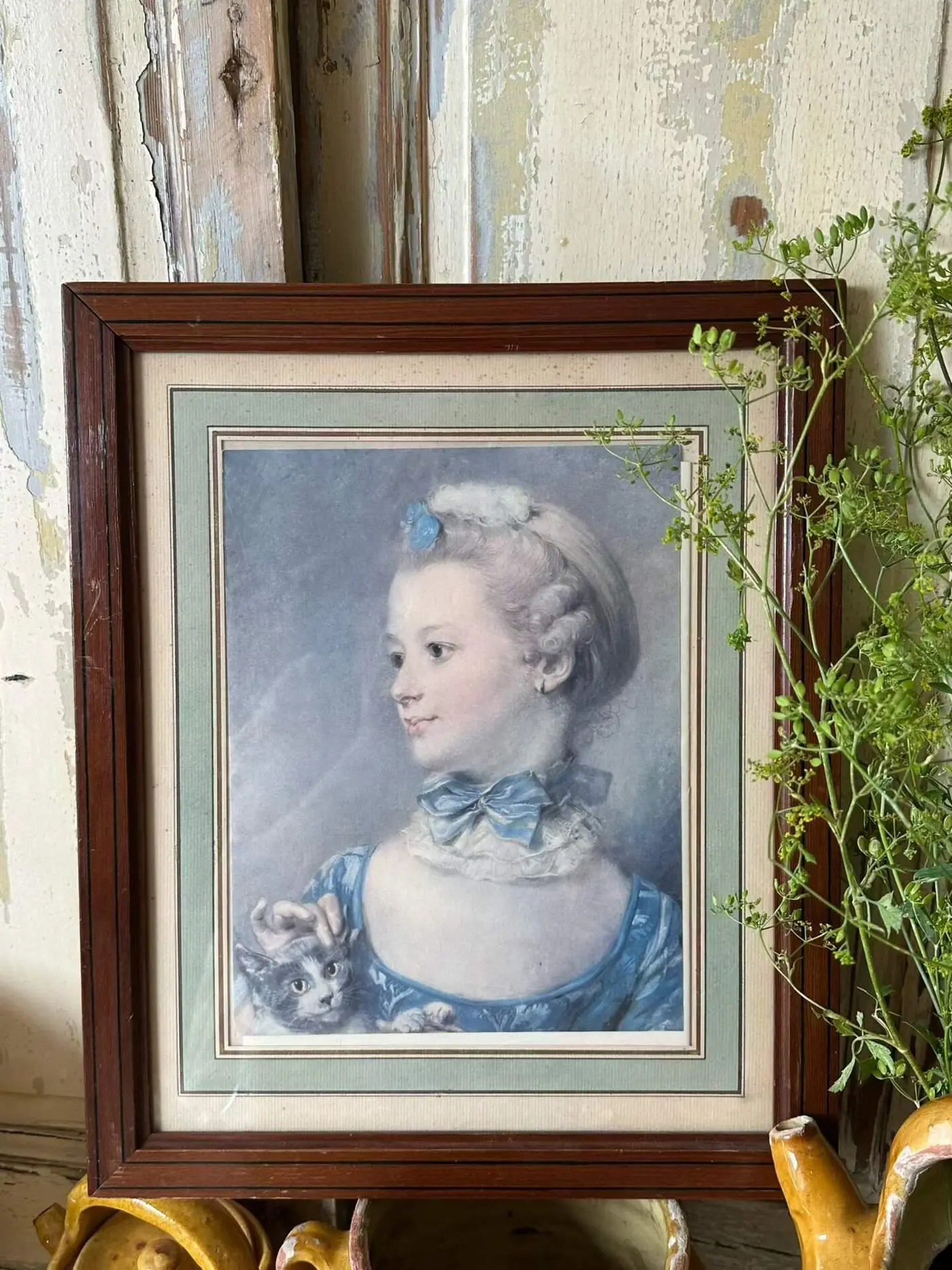 French Vintage Decorative Print — Rococo-Style Girl with Cat