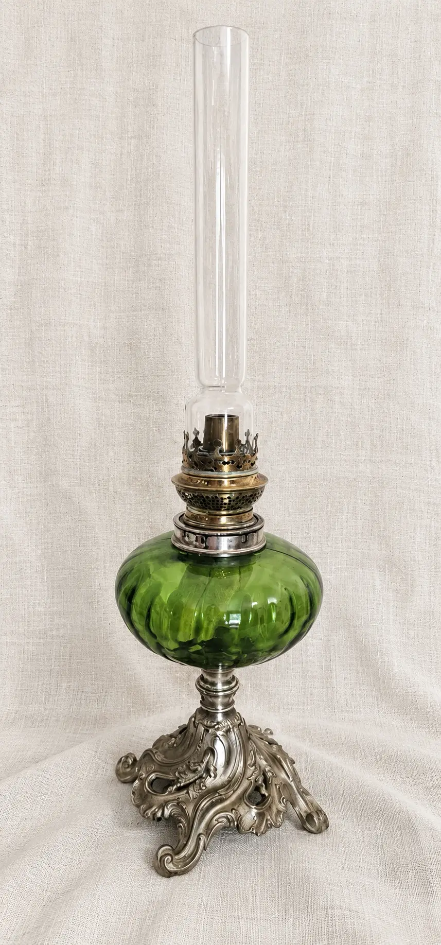 French Vintage Tin and Green Glass Kerosene Lamp