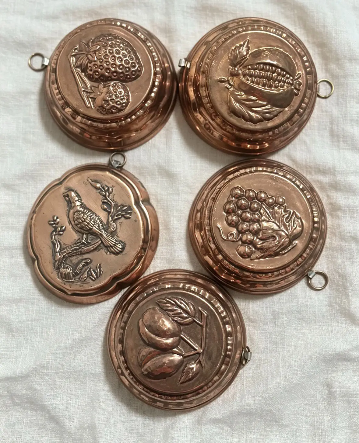 French Vintage Copper Baking Mould with Hanging Loop, Assorted Relief Designs