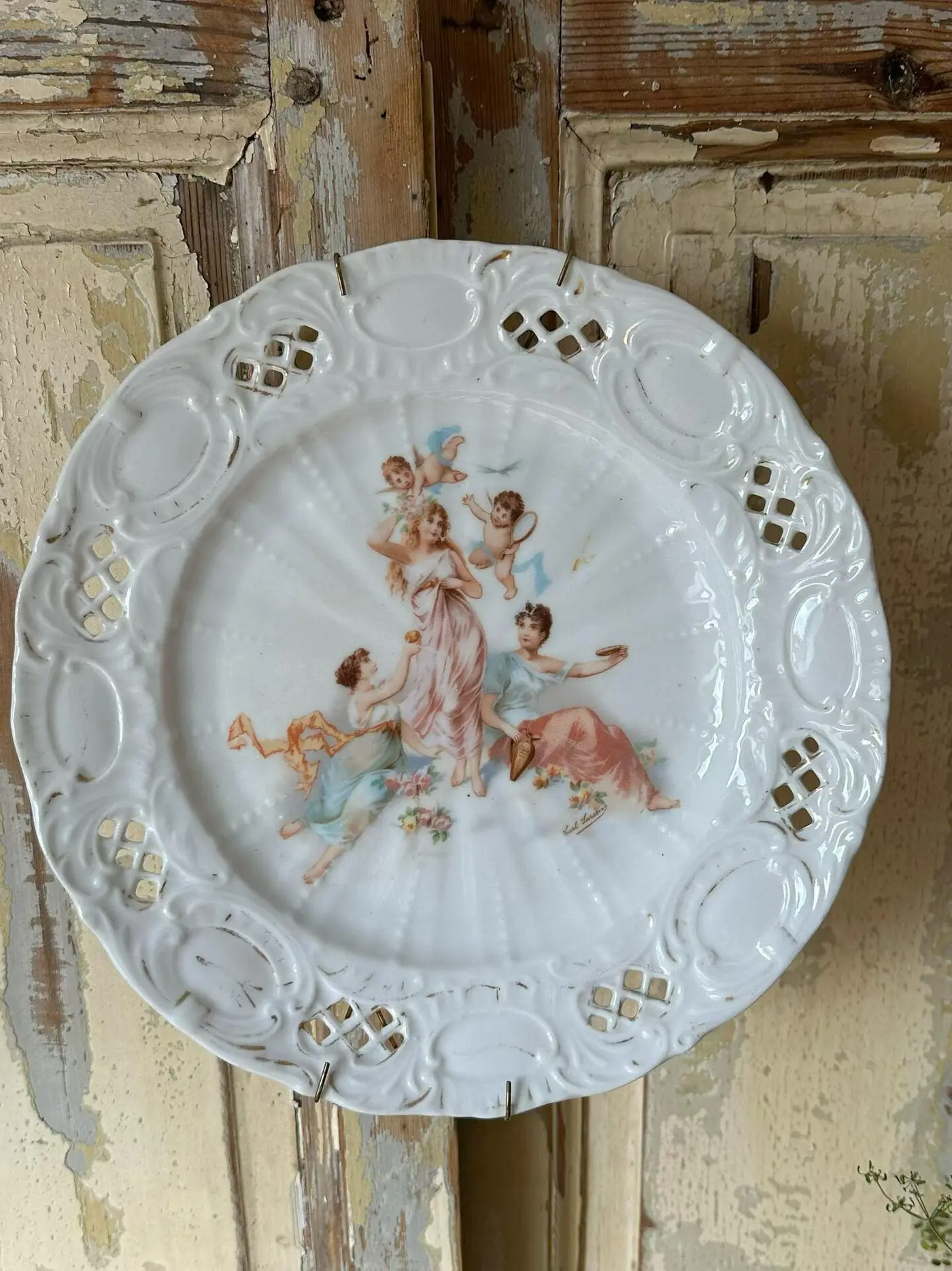 French Vintage Porcelain Wall Plate with Angel Motif