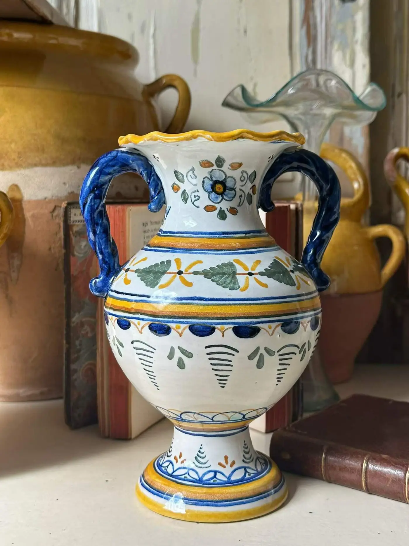 Spanish Vintage Hand-Painted Double-Handled Vase