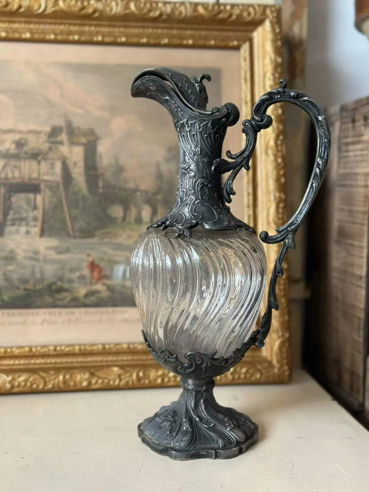 French Rococo-Style Vintage Pewter-Mounted Crystal Claret Jug