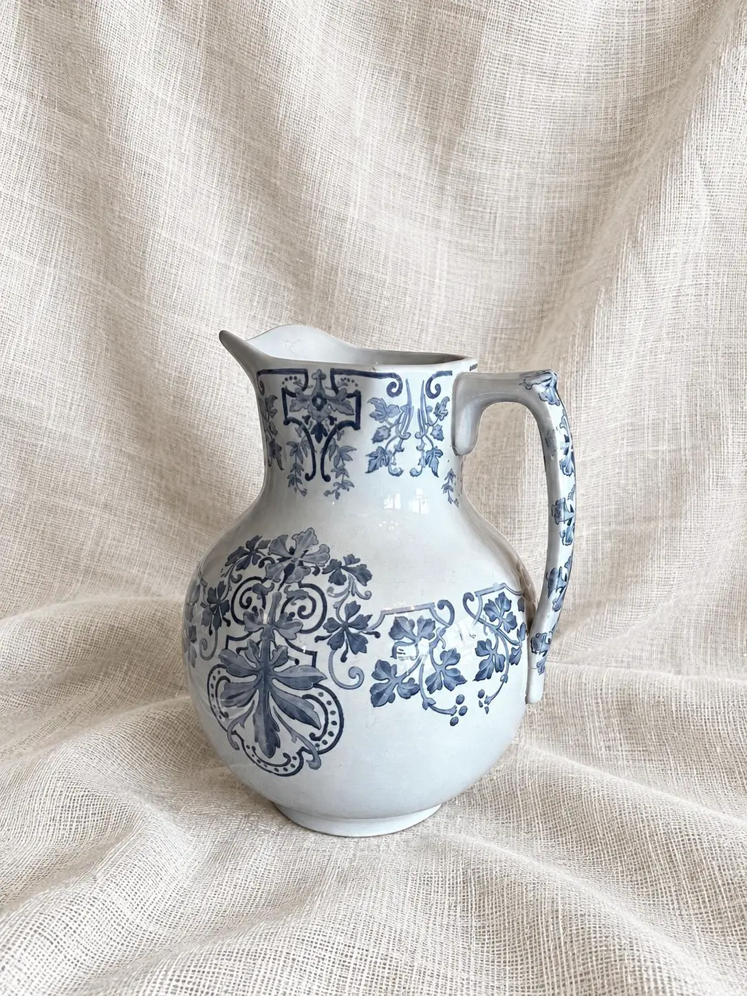 Antique French Creil et Montereau Large Water Jug, Blue-and-White