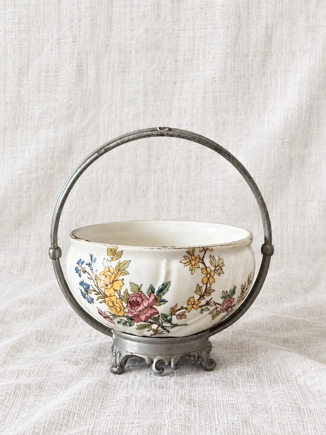 Vintage French Sarreguemines Louis XV Floral Basket / Candy Dish (Ceramic with Metal Handle)