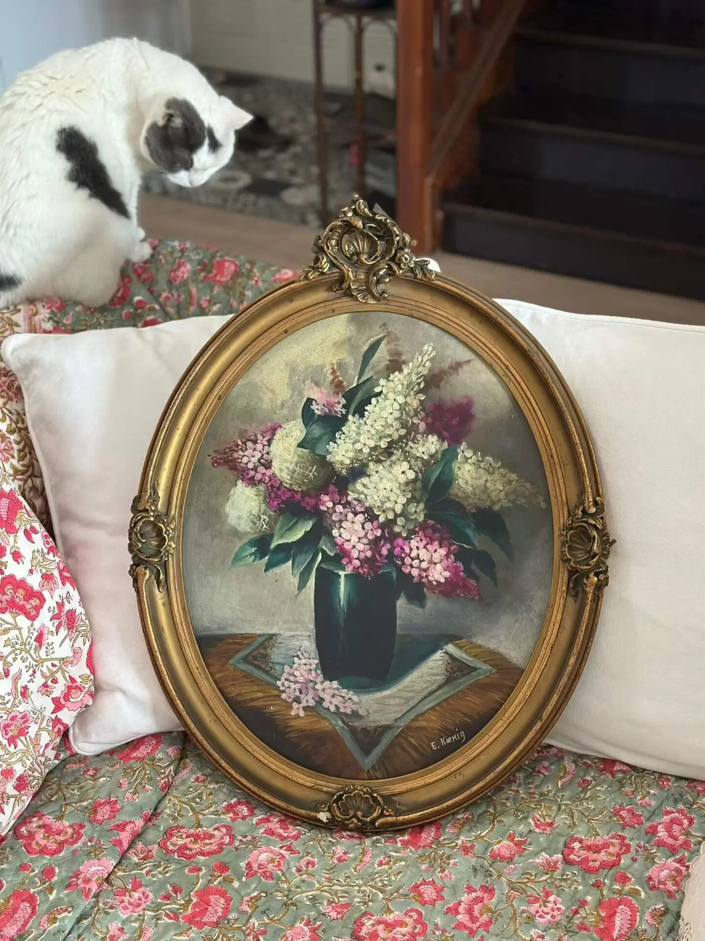 French Vintage Lilac Oil Painting, Framed